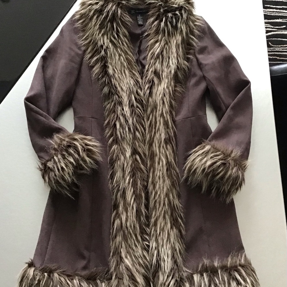 INC International Concepts Brown Teddy Jacket with Faux Fur Trim /Medium